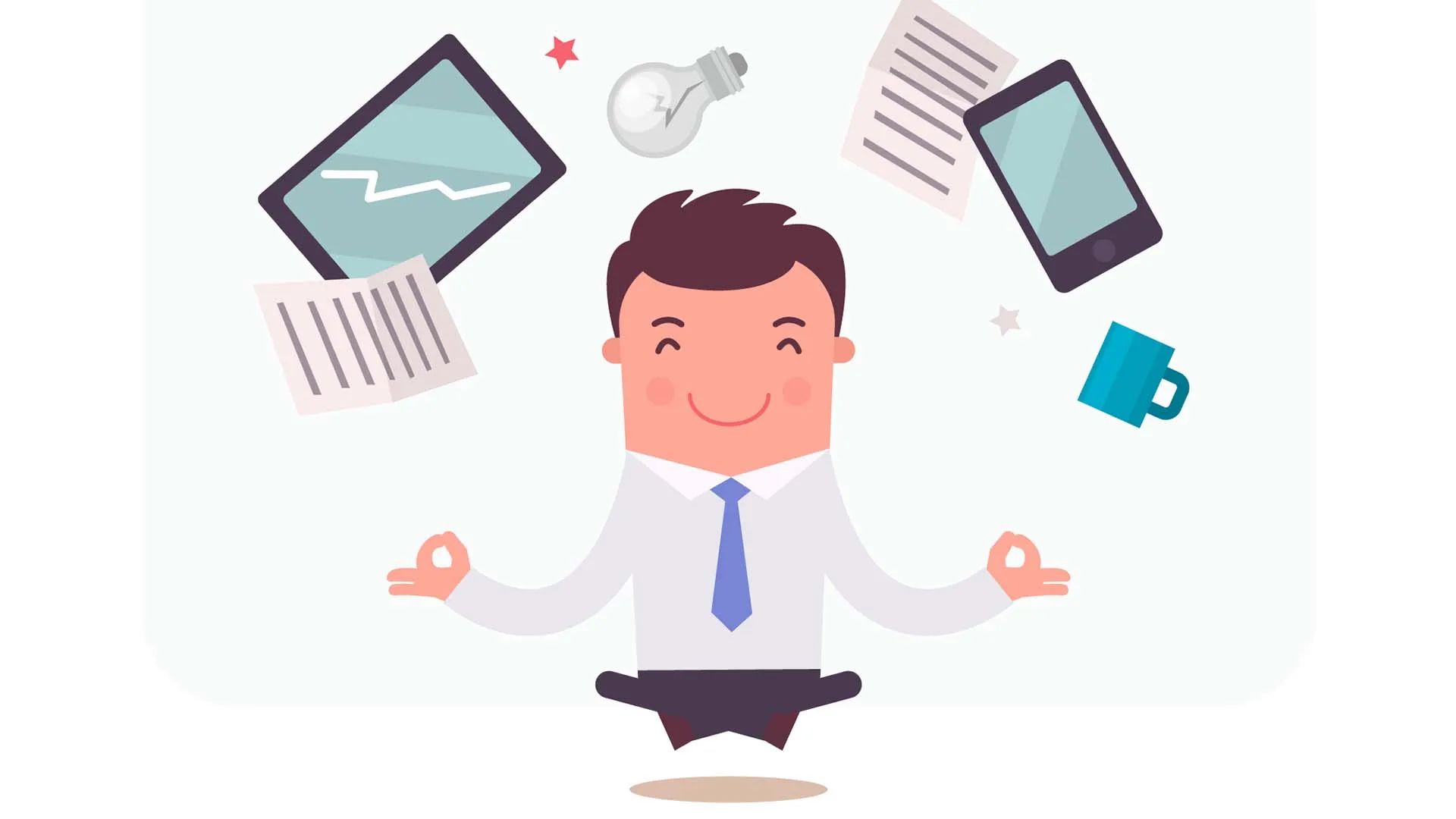 Illustration eines Menschen der meditiert und um ihn herum schweben Tablet, Handy, Unterlagen.