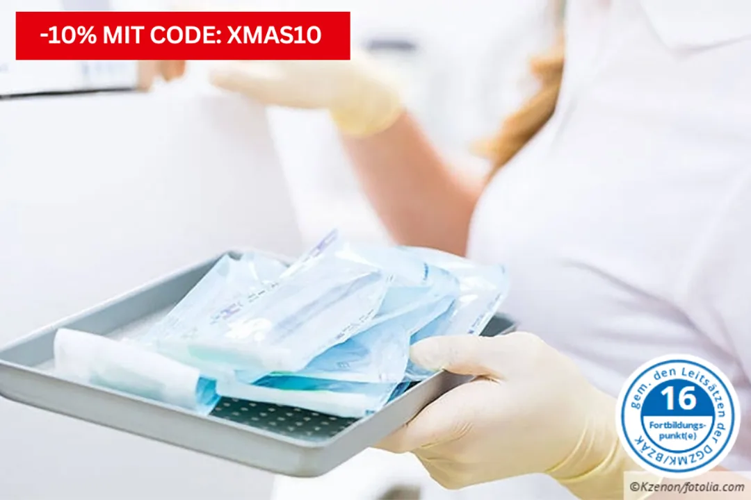 Roter Rabattcode Webinar Hygienebeauftragte/-r. Frauenhände in Handschuhen.