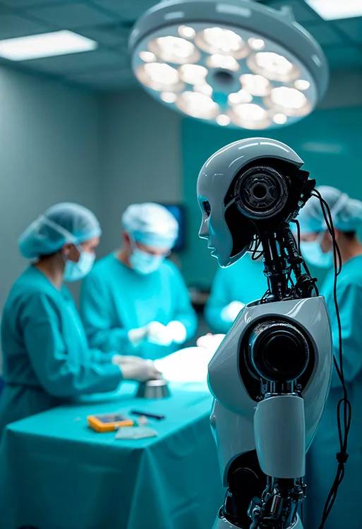 Roboter im Einsatz in einem OP Saal. Im Hintergrund sieht man die Ärzte