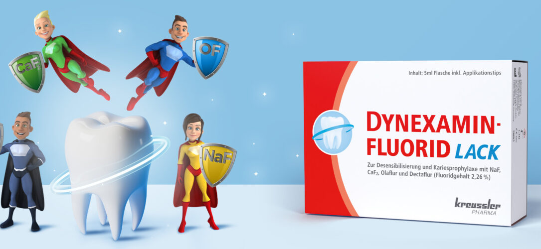 Dynexamin Lack Produktbild rechts und vier Superhelden links um einen Zahn verteilt