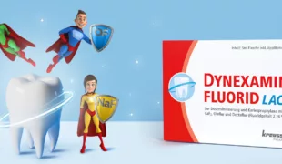 Dynexamin Lack Produktbild rechts und vier Superhelden links um einen Zahn verteilt