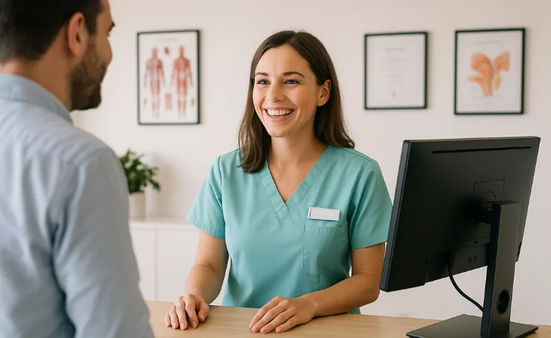 Arzthelferin am PC schaut freundlich zu einem männlichen Patienten. Im Hintergrund hängen Bilder an der Wand.