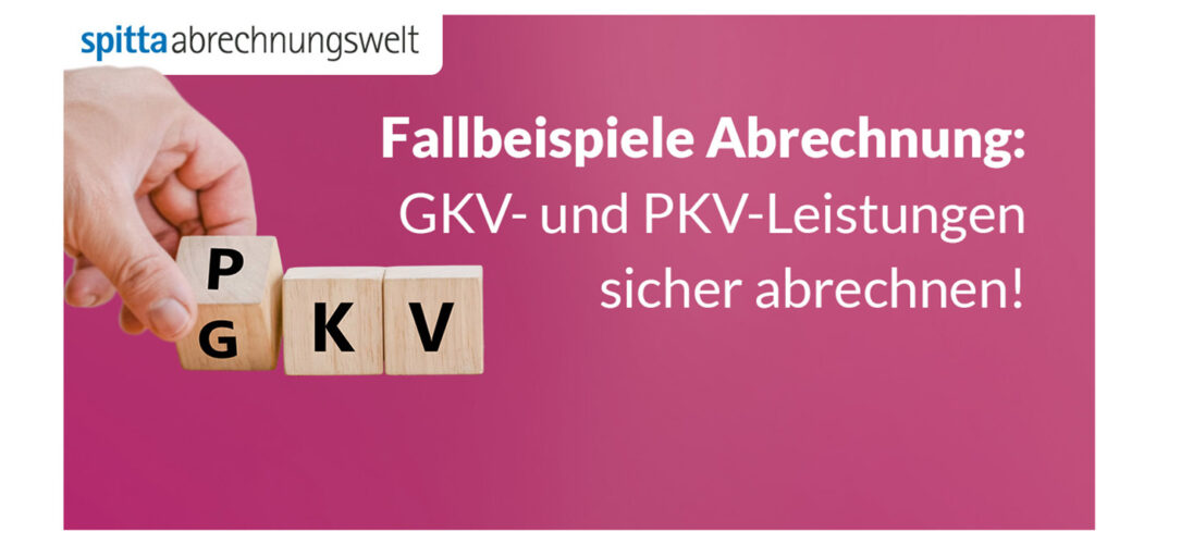 Pinkes Bild, Hand dreht einen Würfel mit PKV/GKV. Fallbeispiele Abrechnung