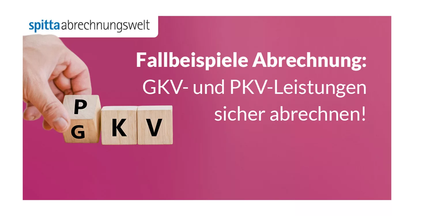 Pinkes Bild, Hand dreht einen Würfel mit PKV/GKV. Fallbeispiele Abrechnung