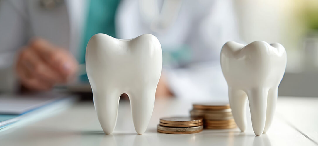 White tooth model on table with coins blurred dentist in background. Dental health concept, cost treatment. Financial aspect of dentistry. Dentist office check up dental care.
