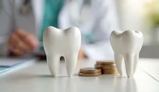 White tooth model on table with coins blurred dentist in background. Dental health concept, cost treatment. Financial aspect of dentistry. Dentist office check up dental care.