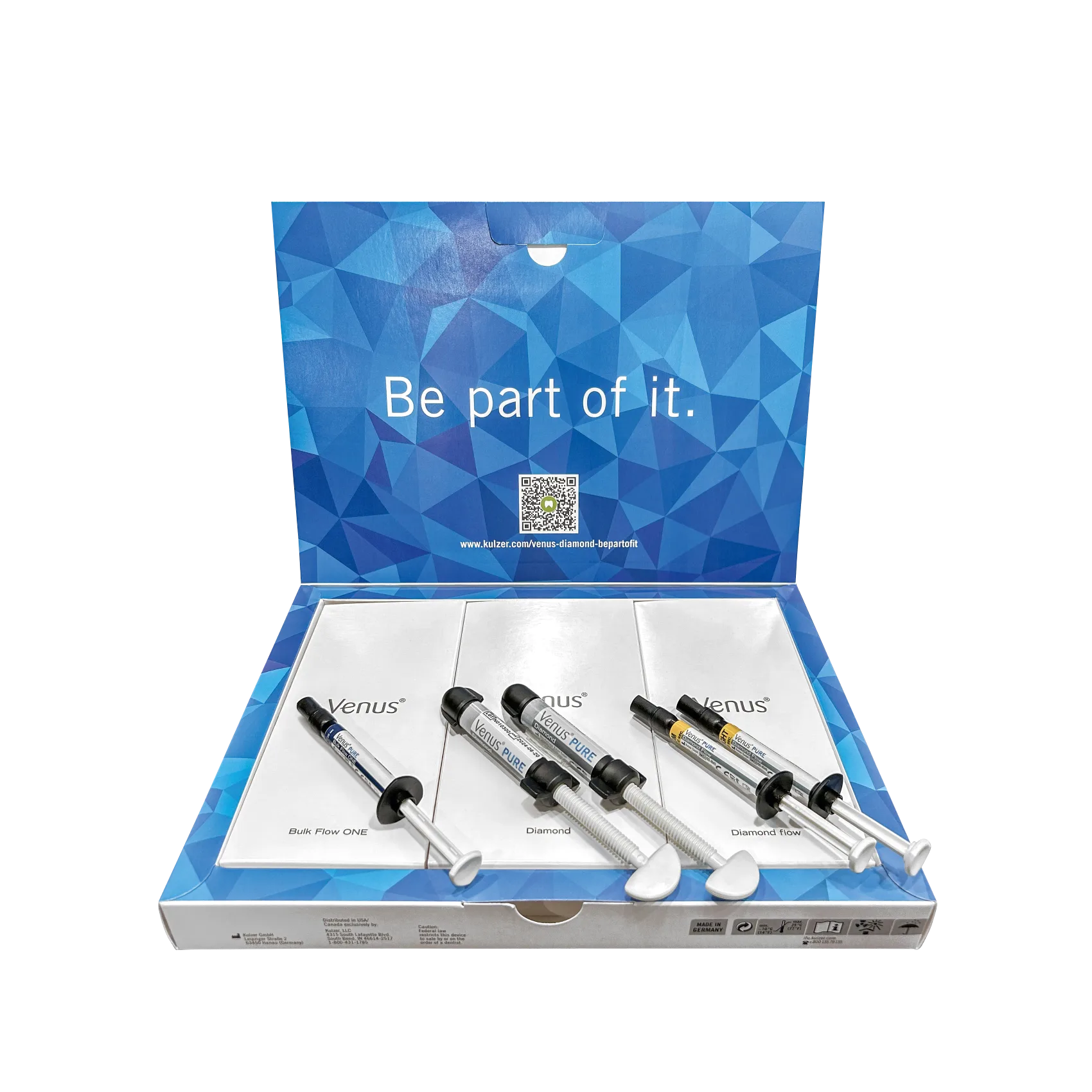Produktabbildung des Venus® Diamond Pure Collection Kits mit drei aufeinander abgestimmten Kompositen.