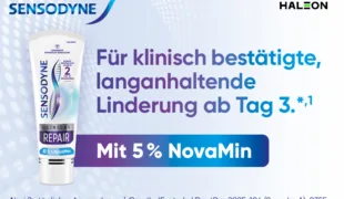 Produktabbildung Zahncreme Sensodyne Clinical Repair mit NovaMin Bioglas-Technologie von Haleon.