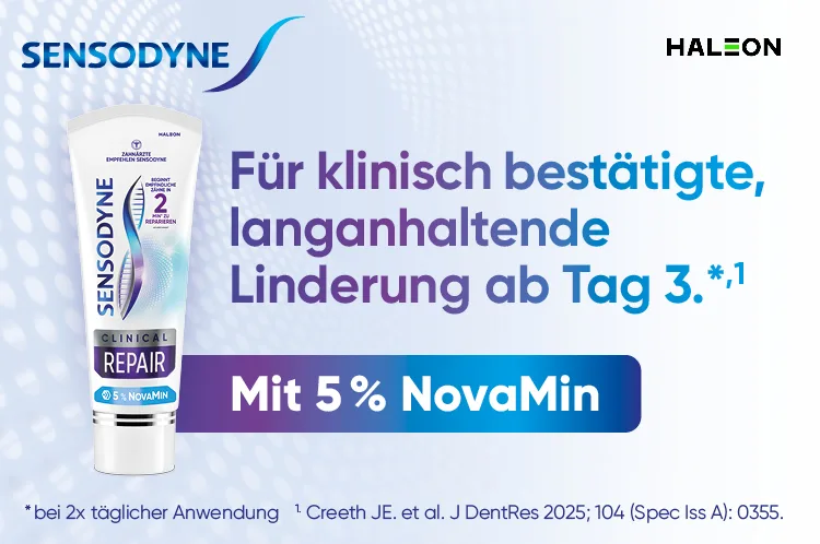 Produktabbildung Zahncreme Sensodyne Clinical Repair mit NovaMin Bioglas-Technologie von Haleon.