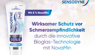 Produktabbildung Zahncreme Sensodyne Clinical Repair mit NovaMin Bioglas-Technologie von Haleon.
