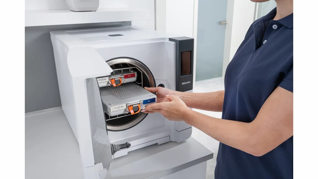 Zeitersparnis bei der Sterilisation: Trays werden komplett in Sterilcontainer gelegt und das Versiegeln einzelner Instrumente entfällt. Dadurch sinken die Kosten für Einwegverpackungen um mehr als 40 Prozent.