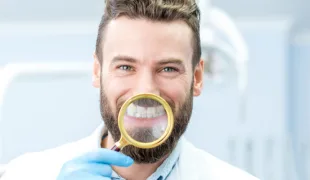 Lächelnder Zahnarzt, mit einer Lupe vor seinem Mund und den Zähnen