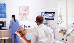 Senior woman discussing with dentist in dental cabinet about teeth issue sitting on chair. Medical teeth care taker discussing with senior woman about mouth hygiene.
