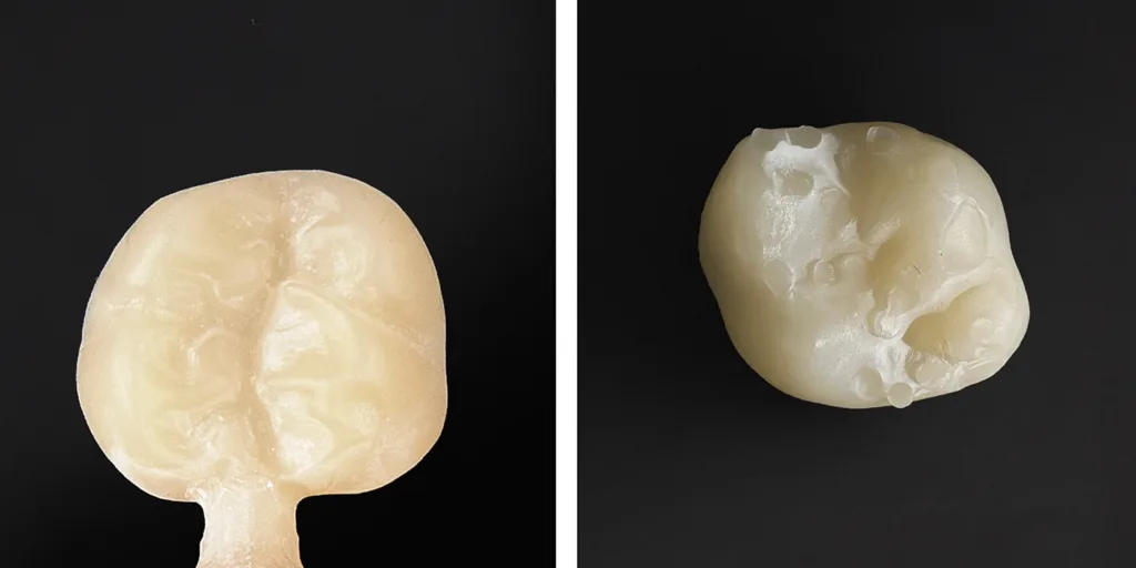 Abb. 4: Eine Krone direkt nach dem Fräsen (links) bzw. Drucken (rechts). Beim Fräsen bleibt ein Haltesteg stehen, der vergleichsweise unauffällig seitlich am Zahn angebracht wurde. Er lässt sich gut von Hand entfernen. Die Stützstruktur des 3D-Drucks besteht aus mehreren dünneren Stegen, die sich häufig direkt auf der Kaufläche befinden. Deren Entfernung gestaltet sich deutlich schwieriger und die feinen Details einer aufwendig konstruierten Kaufläche können hierbei wieder verloren gehen. Reste des Druckharzes sind hier noch als weiße Schicht erkennbar.