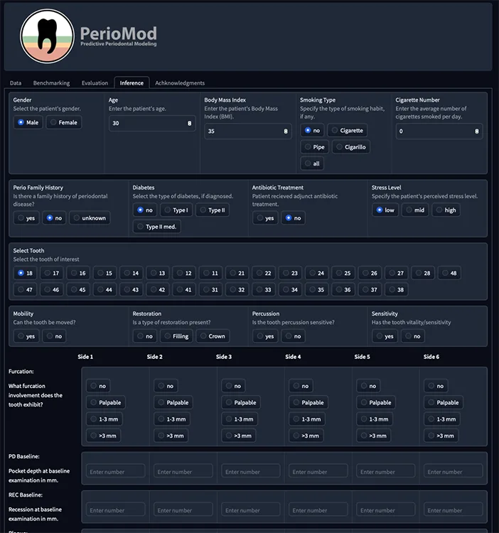 Abb. 4: Software zur Vorhersage des parodontalen Status (PerioMod, LMU München). Verschiedene Faktoren auf Patienten- und Zahnebene werden eingesetzt, um den parodontalen Status, z.B. Attachmentlevel und Taschenverschluss, vorherzusagen. Zugrunde liegt eine Reihe von Machine-Learning- Modellen.