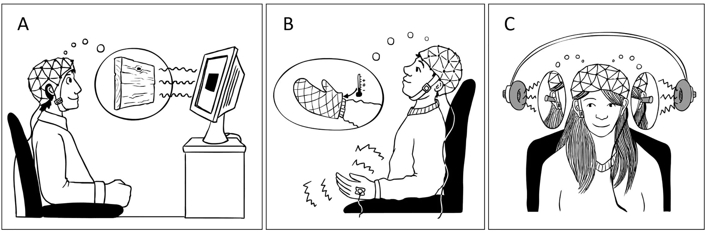Abb. 3: In meinen ersten drei Hypnose-Studien zeigte ich, wie Sinneseindrücke blockiert werden können mit Hypnose. Den Effekt konnten wir mit EEG-Messungen im Gehirn feststellen. In der ersten Studie (A) stellten sich die Probandinnen und Probanden ein Holzbrett vor den Augen vor, das den Blick auf den Bildschirm versperrt. In der zweiten Studie (B) arbeitete ich mit einem vorgestellten Handschuh, der die Hand kalt, taub und unempfindlich macht. Dadurch nahmen die Probandinnen und Probanden Schmerzreize weniger stark wahr. Schließlich blockierten wir in der dritten Studie (C) das Hören, indem sich die Probandinnen und Probanden Oropax vorstellten. In allen drei Studien konnten wir zeigen, dass die Reize noch im Gehirn ankommen, dann jedoch nicht weiterverarbeitet werden. Die Ergebnisse machen Mut, von der enormen Fähigkeit unseres Körpers, unsere Wahrnehmung zu steuern, Gebrauch zu machen.