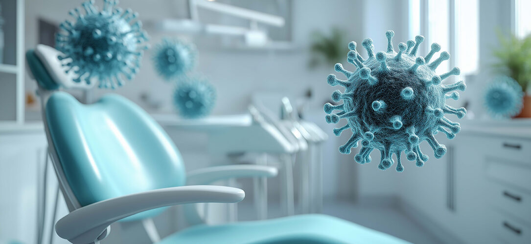 Close-up view of viruses floating in a dental office, highlighting the importance of hygiene and safety in dental practices. The modern chair and environment emphasize the focus on patient care.