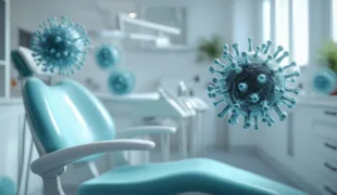 Close-up view of viruses floating in a dental office, highlighting the importance of hygiene and safety in dental practices. The modern chair and environment emphasize the focus on patient care.