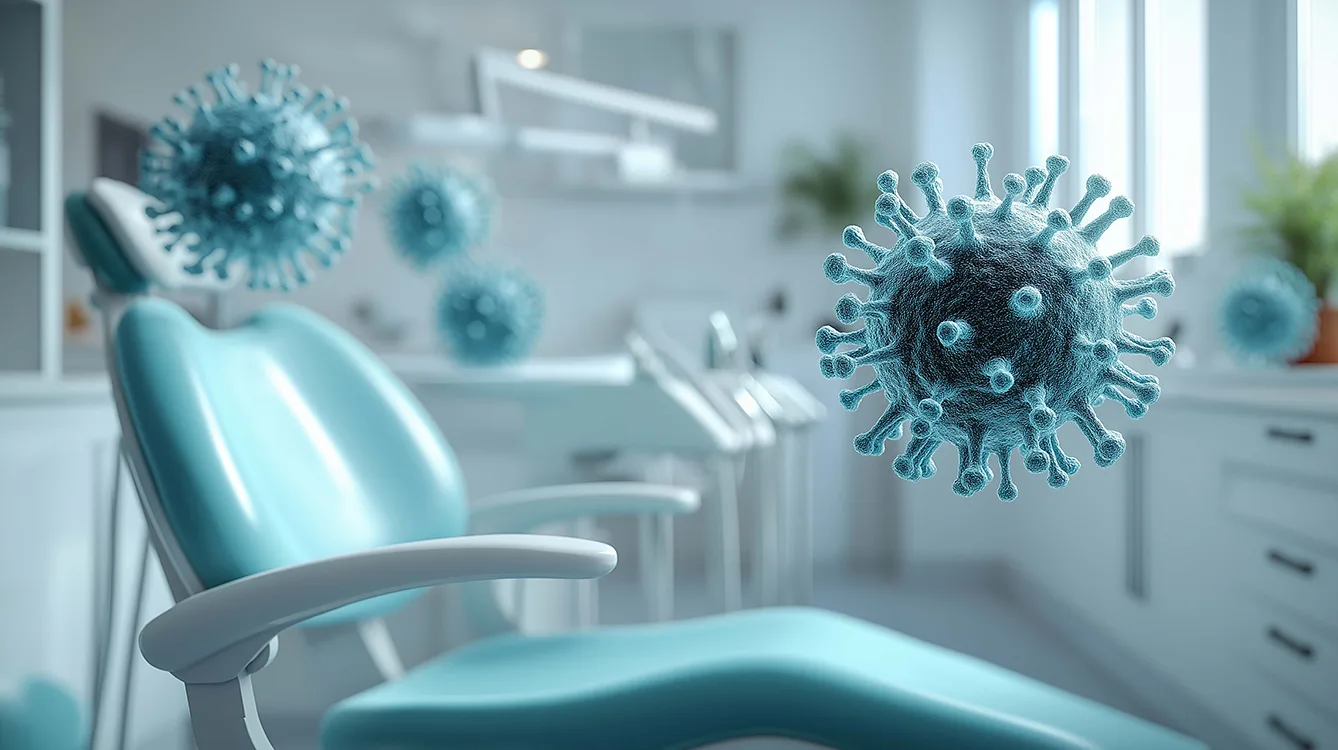 Close-up view of viruses floating in a dental office, highlighting the importance of hygiene and safety in dental practices. The modern chair and environment emphasize the focus on patient care.