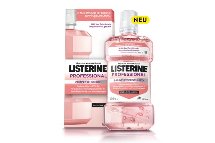 Produktabbildung der neuen alkoholfreien Mundspüllösung LISTERINE® PROFESSIONAL ZAHNFLEISCHSCHUTZ+