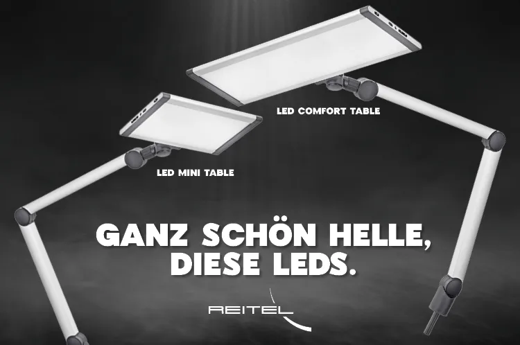 Produktdarstellung der Arbeitsleuchten LED Comfort Table und LED Mini Table von REITEL.