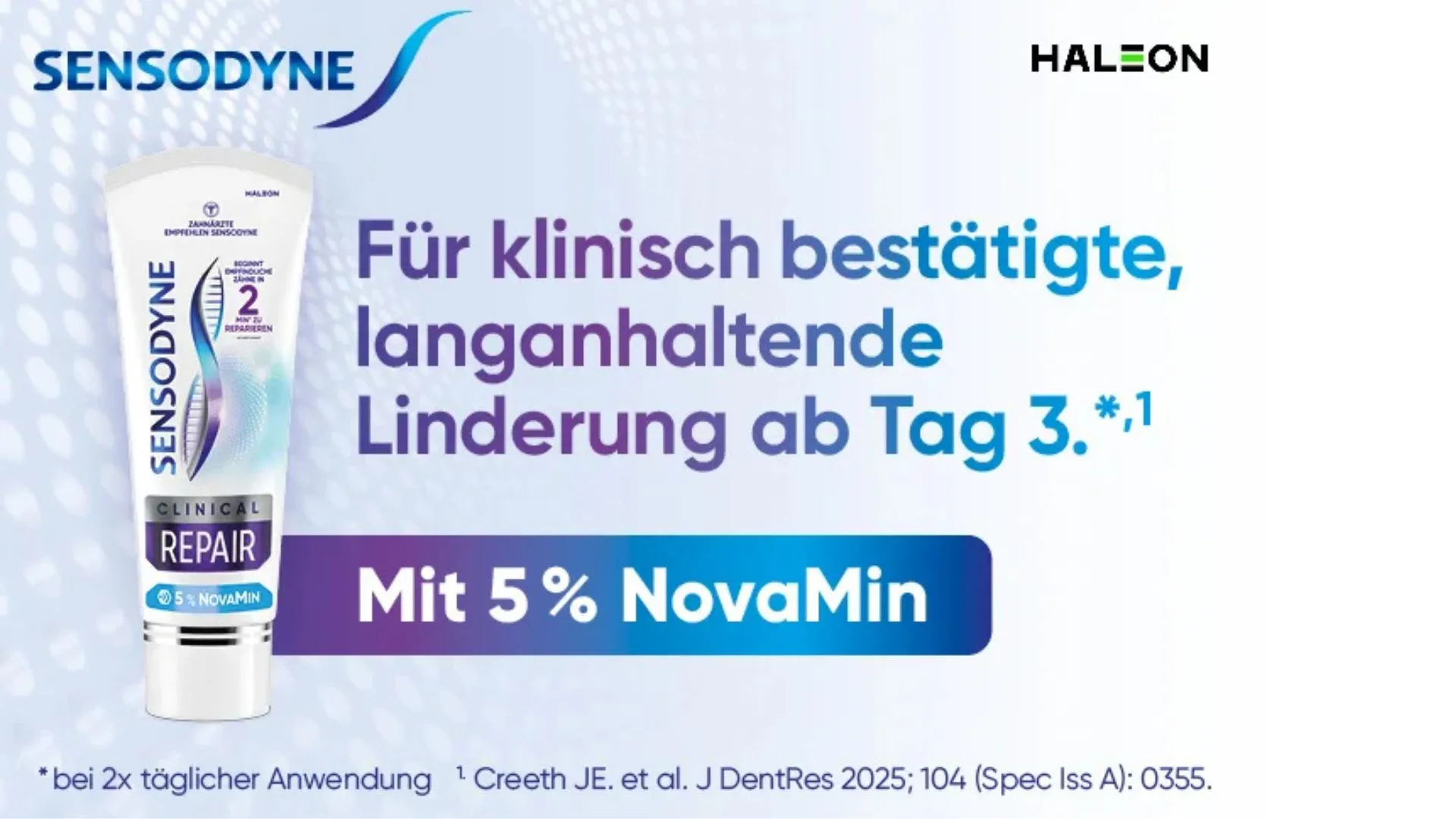 Produktabbildung Zahncreme Sensodyne Clinical Repair mit NovaMin Bioglas-Technologie von Haleon.