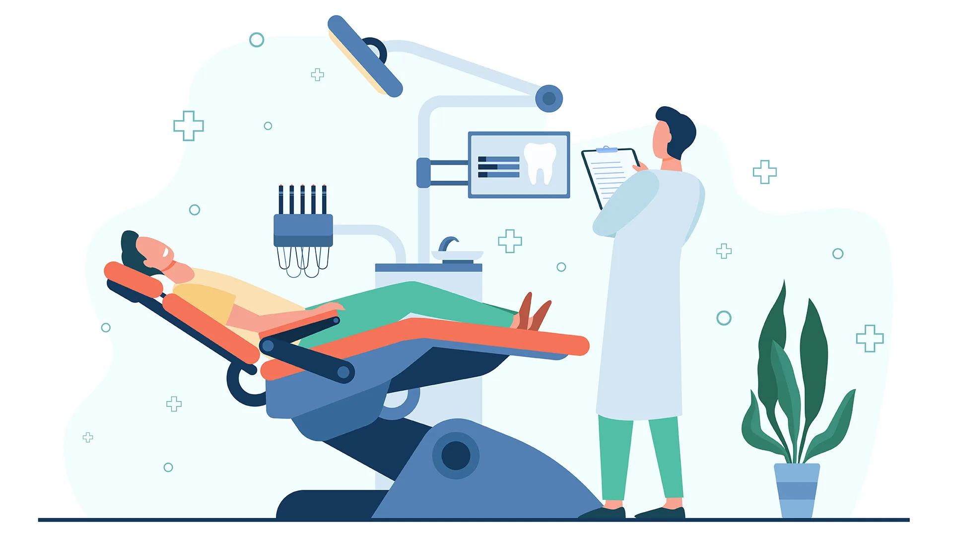 Eine Illustration von einem Praxiszimmer mit Arzt und Patient auf der Liege.