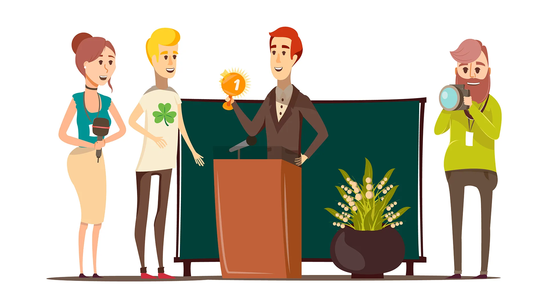 Eine Illustration von einer Gruppe von Menschen. Eine Frau hält ein Mikrofon, ein Mann erhält einen Preis, ein anderer überreicht ihn und ein weiterer fotografiert das Ganze.
