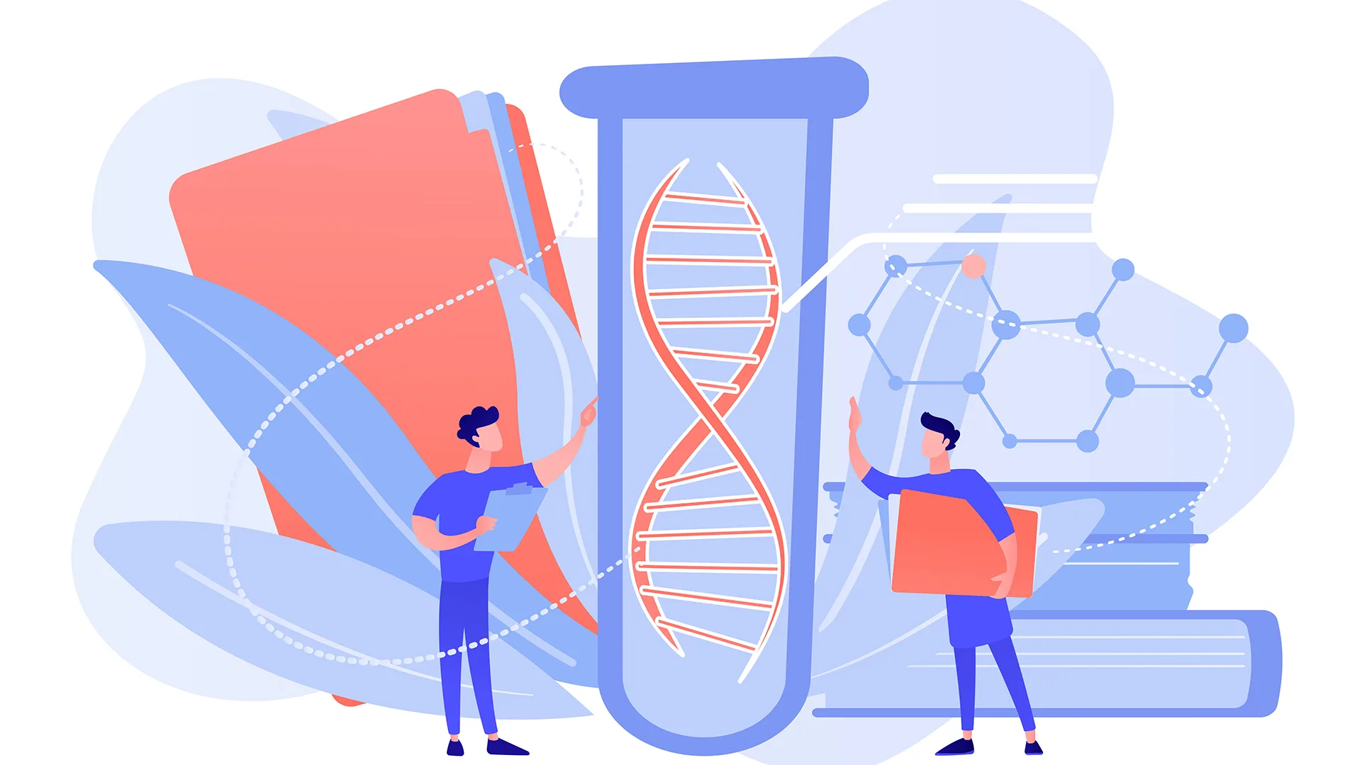 Illustration von zwei Männern, die eine DNA im Reagenzglas untersuchen.