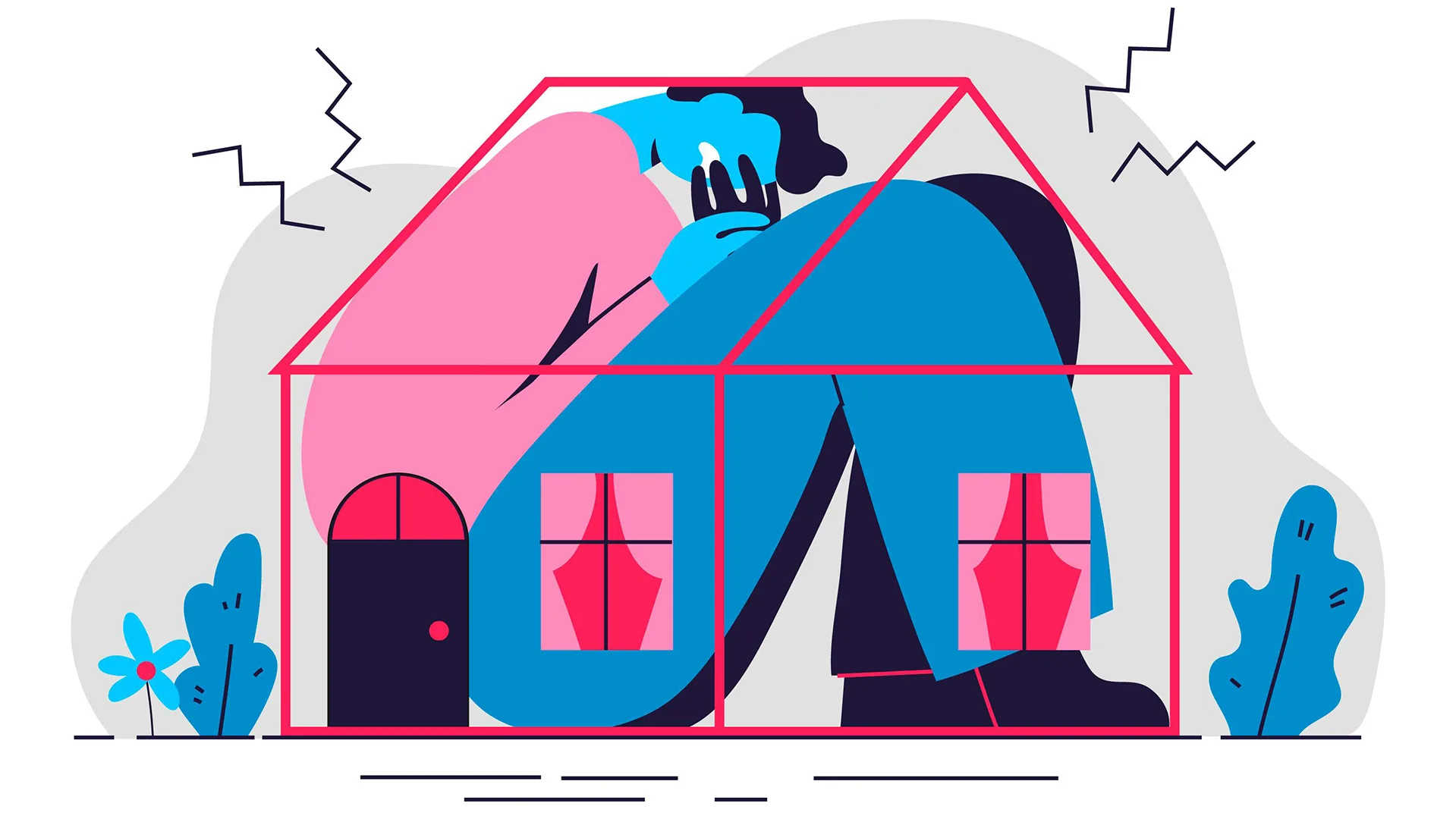 Eine Illustration von einem Haus in welchem eine Person eingesperrt ist.