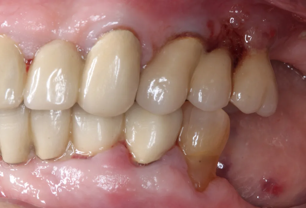 Abb. 7c: Die klinischen Fotos wurden nach Aufnahme der parodontalen Befunde im März 2025 erstellt. Die Patientin hatte sich bewusst vor ca. 20 Jahren für eine festsitzende prothetische Versorgung auf Implantaten entschieden. Eine herausnehmbare Versorgung wünschte sie vor dem Hintergrund der schlechten Erfahrungen ihres Mannes nicht. Es imponieren die gingivalen Entzündungszeichen und die ausgeprägte Blutung auf Sondieren im linken Oberkiefer.