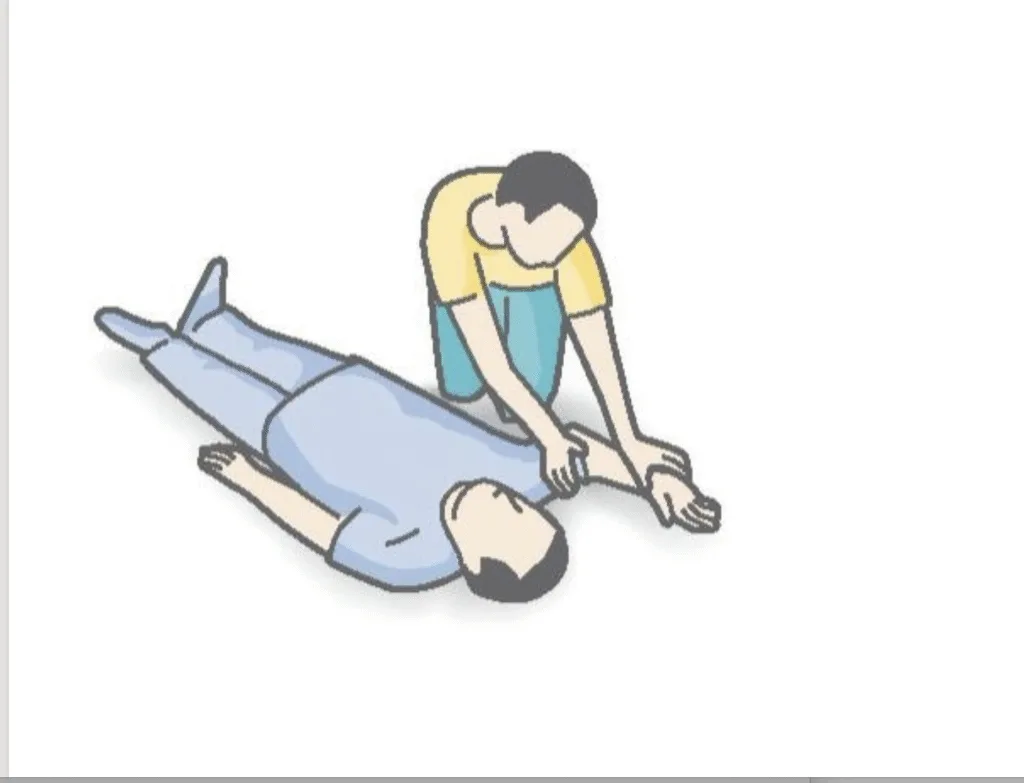 Illustration von zwei Männern. Einer liegt am Boden, der andere kniet daneben.