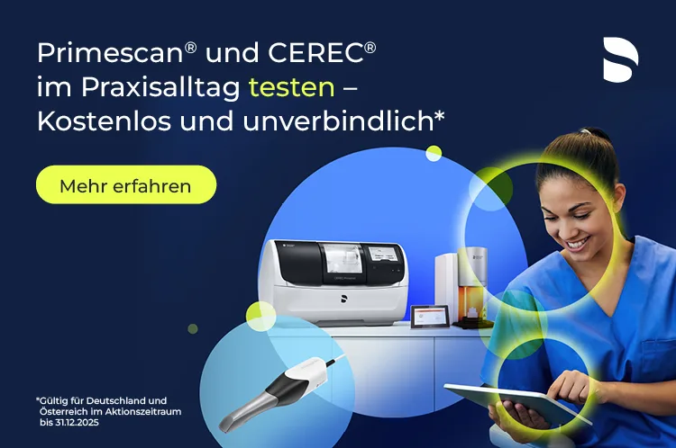 Produktdarstellung Primescan und CEREC von Dentsply Sirona mit Hinweis zur kostenlosen, unverbindlichen Testaktion.