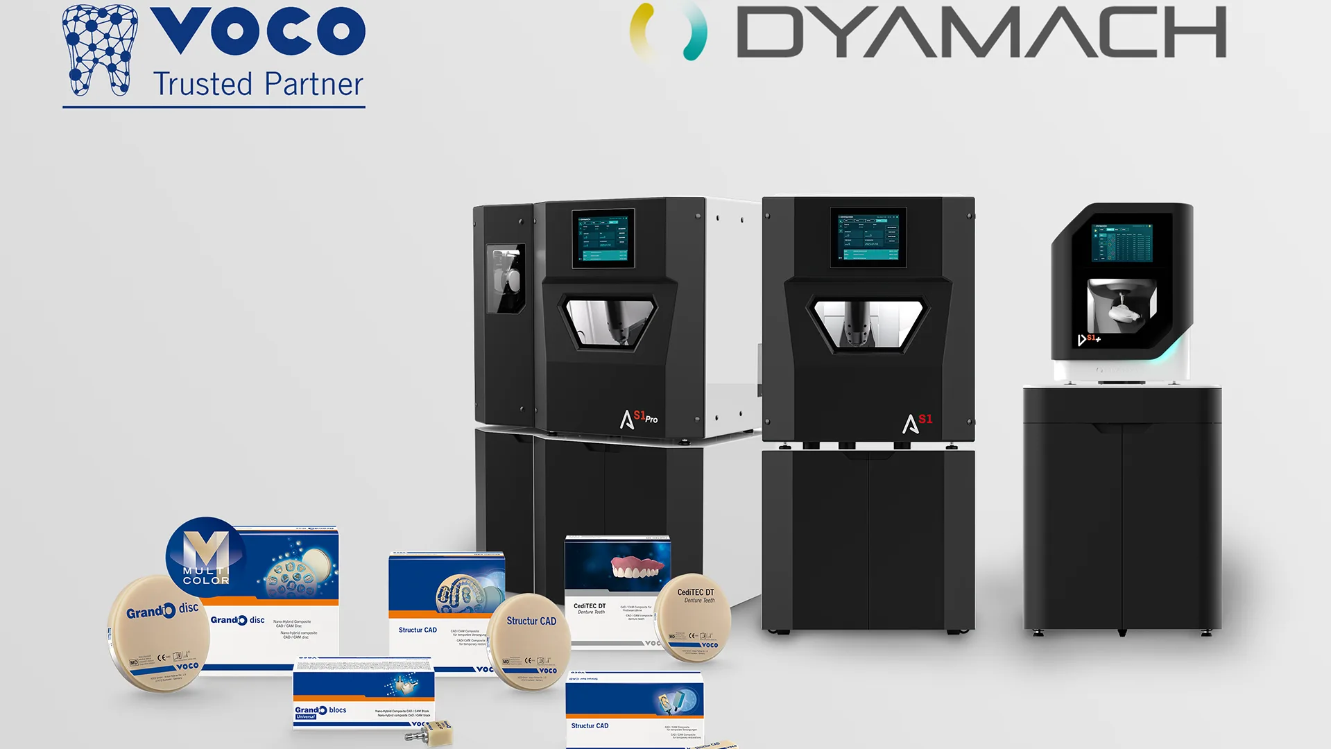 Darstellung des Produkts und oben die Logos von VOCO und Dymach.