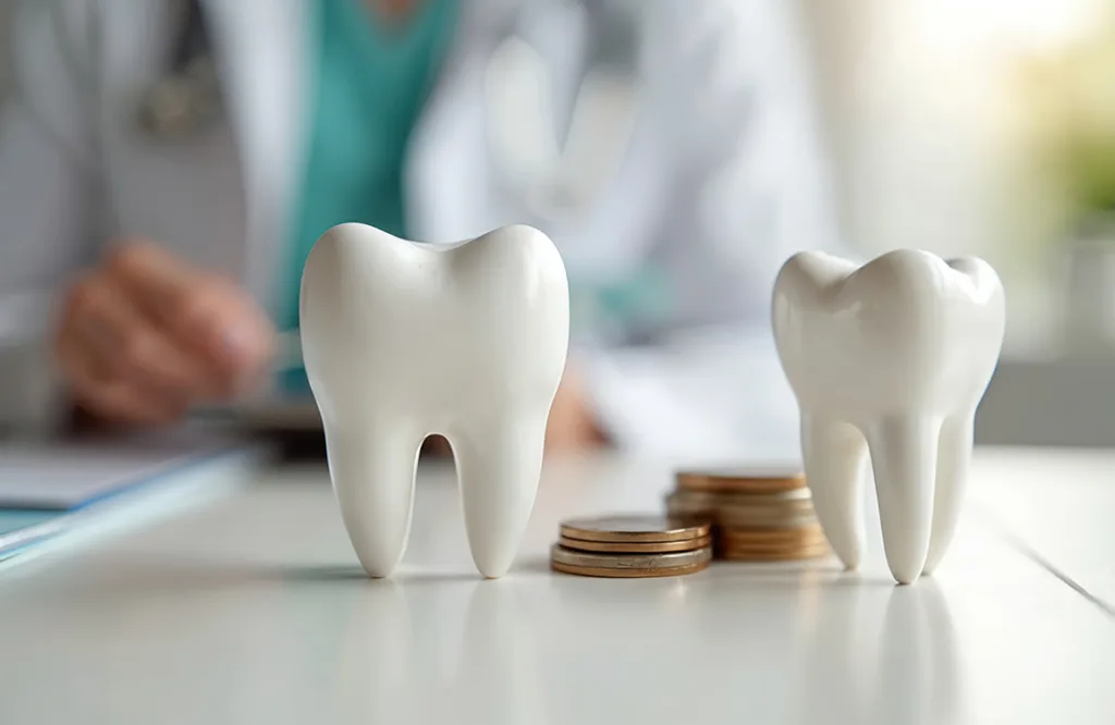 White tooth model on table with coins blurred dentist in background. Dental health concept, cost treatment. Financial aspect of dentistry. Dentist office check up dental care.