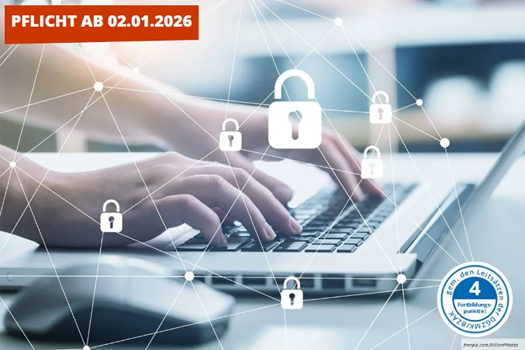 Eine Tastatur auf der jemand tippt, im Vordergrund ein Sicherheitsnetz,