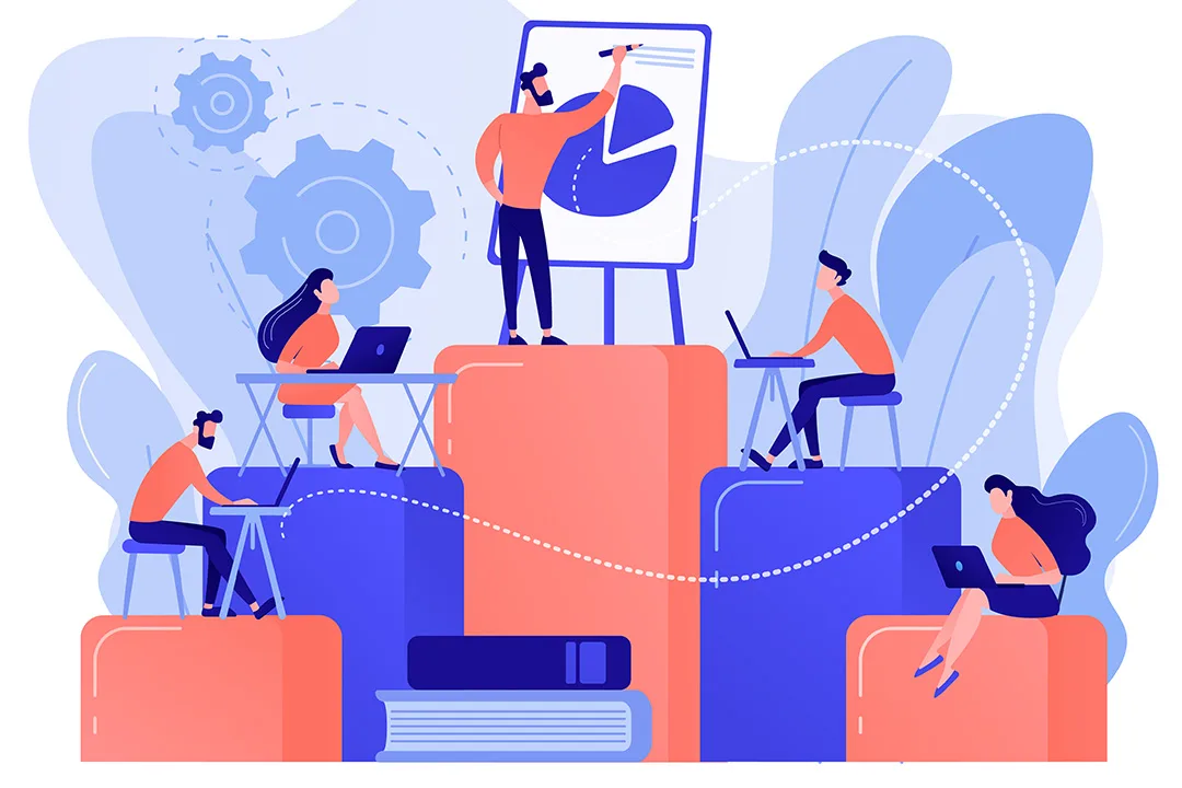 Eine Illustration von Menschen. Einer hält einen Vortrag, die anderen hören zu.