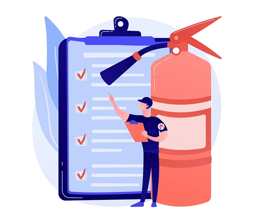 Eine Illustration von einem Feuerlöscher und einer Check-Liste.