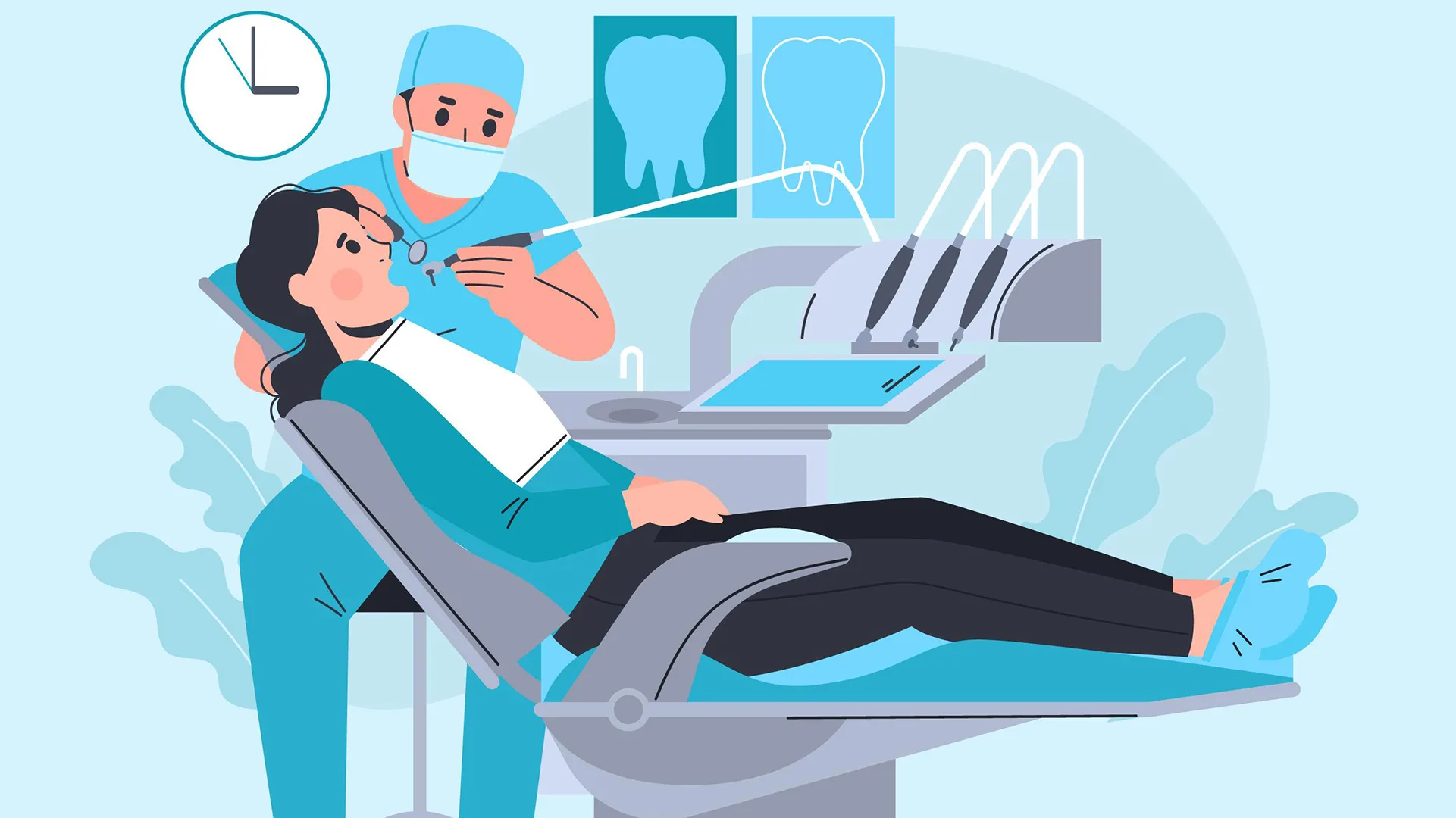 Illustration von einer Behandlung in einem Zahnarztzimmer.