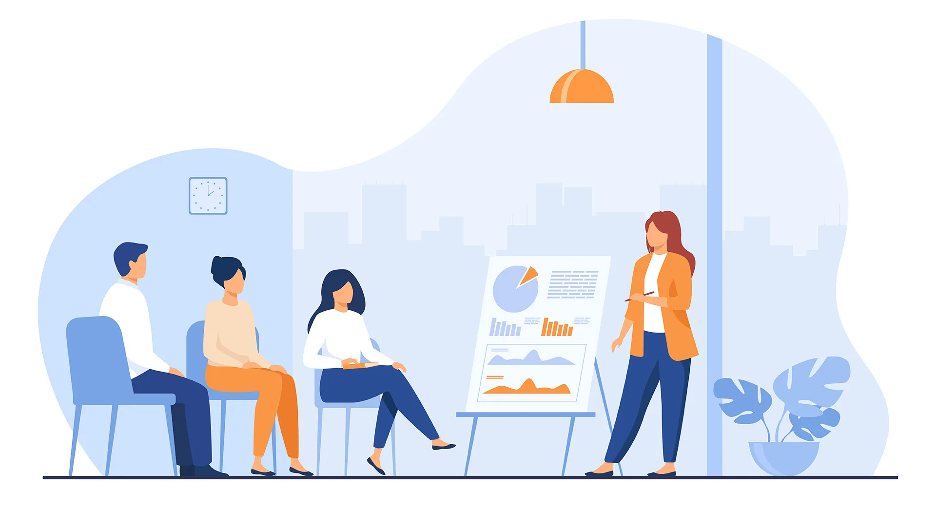 Illustration von einer Frau die anderen einen Vortrag hält.