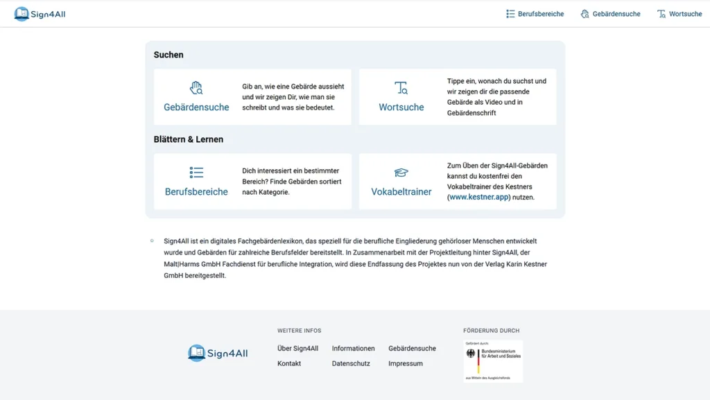 Landingpage des Sign4All-Lexikons