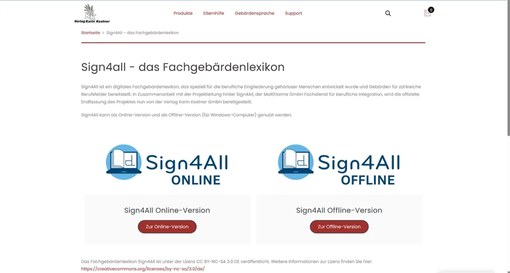 Detailseite des Verlag Karin Kestner die zu den zwei Sign4All-Versionen führt 