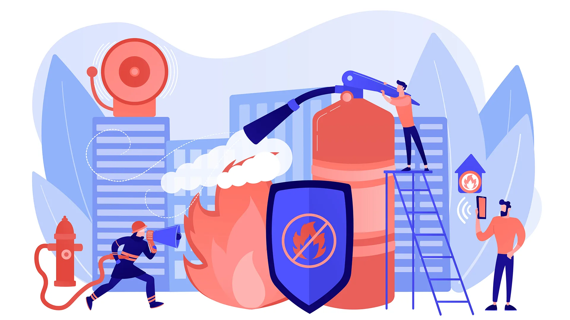 Eine Illustration von Menschen die ein Feuer löschen.