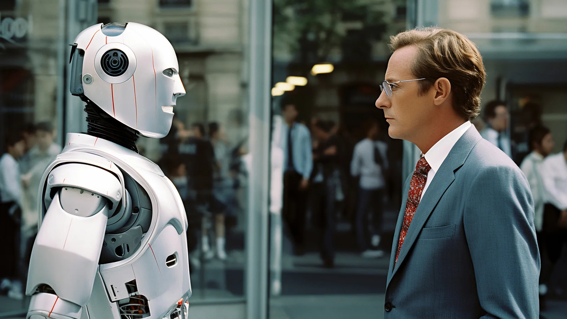 Ein Mann steht einem Roboter gegenüber.