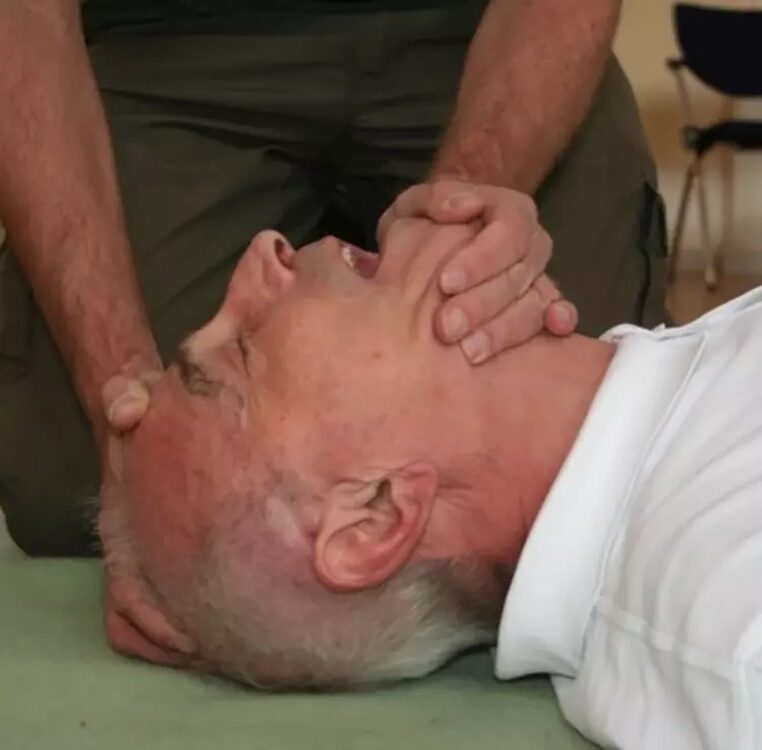 Kopf festhalten und nach oben strecken