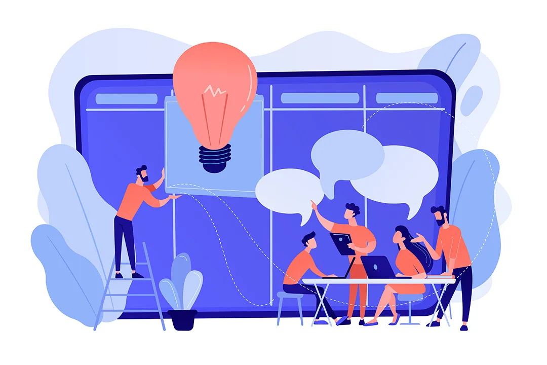 Illustration von einer Gruppe von Menschen die Ideen sammeln.