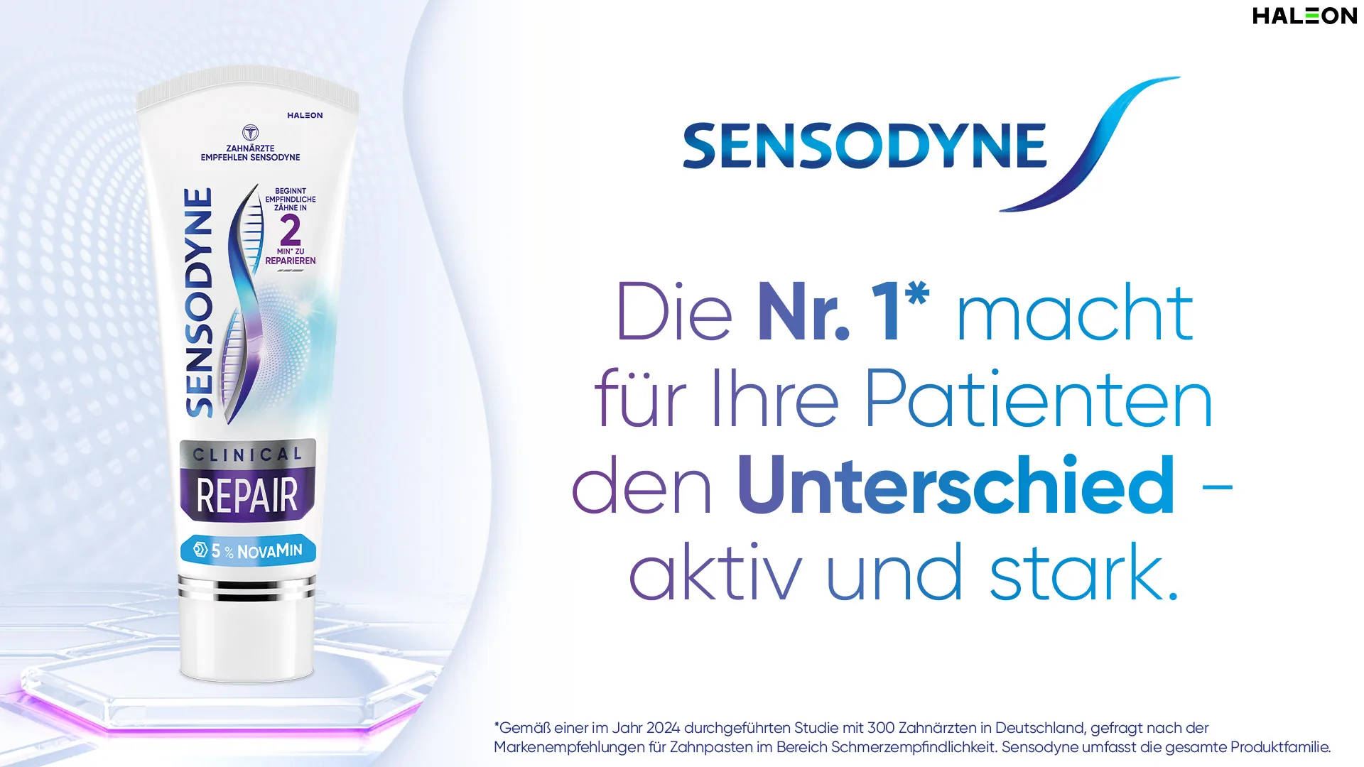 Produktdarstellung Sensodyne Clinical Repair mit NovaMin von Haleon.