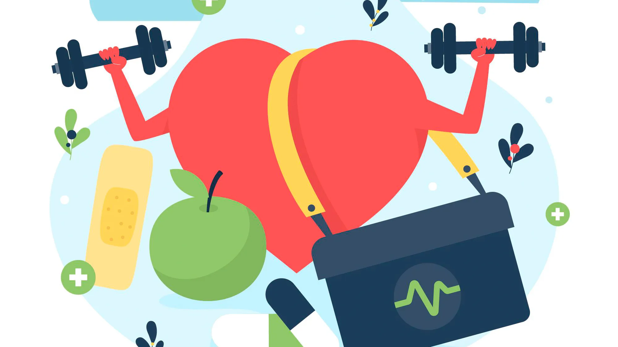 Illustration eines Herzens, welches mit Gewichten stärker werden will. Außerdem ein Apfel, Pflaster und Medikamente.