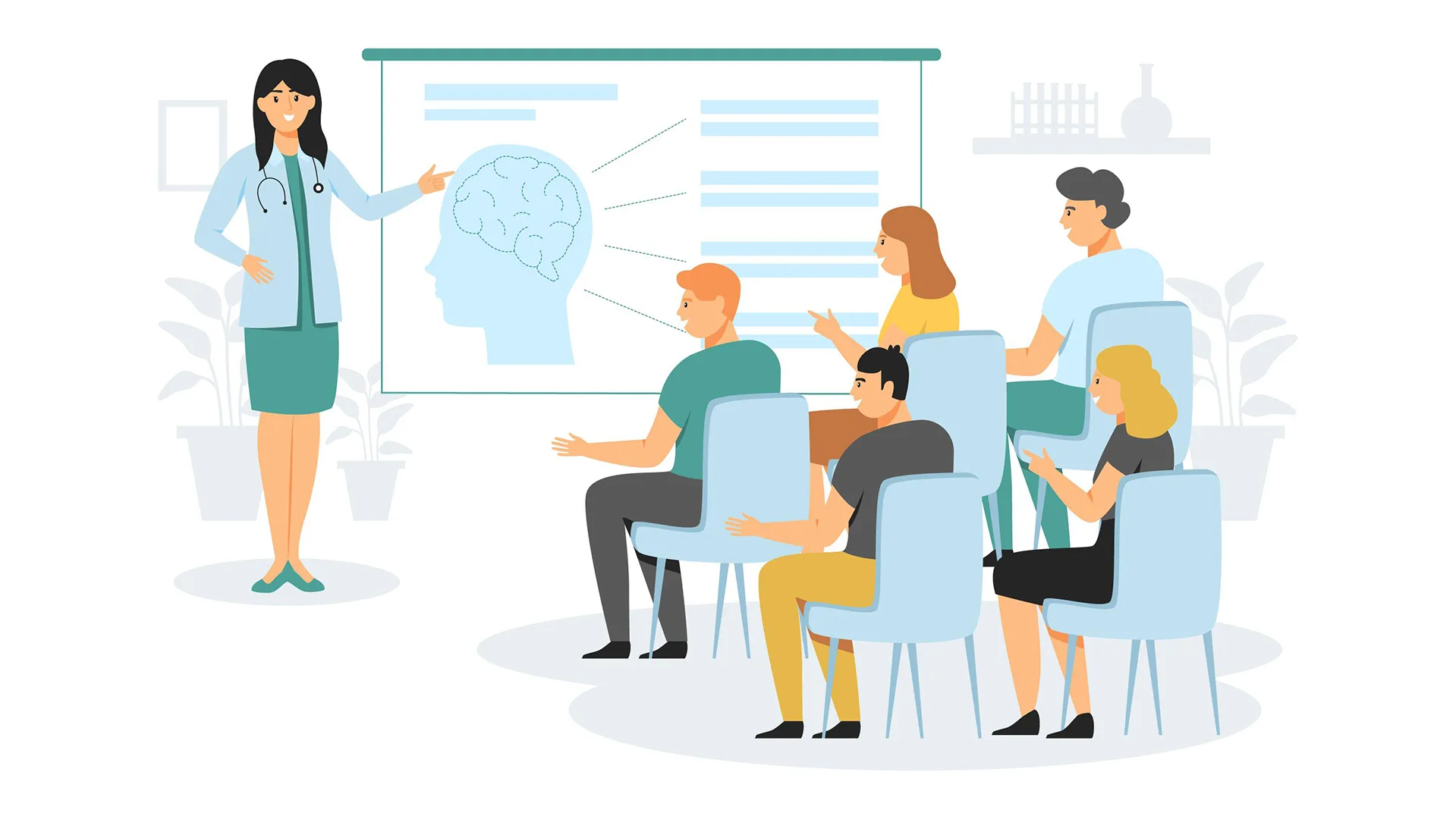 Illustration von einer Frau die vor einer Gruppe von Menschen einen Vortrag hält.