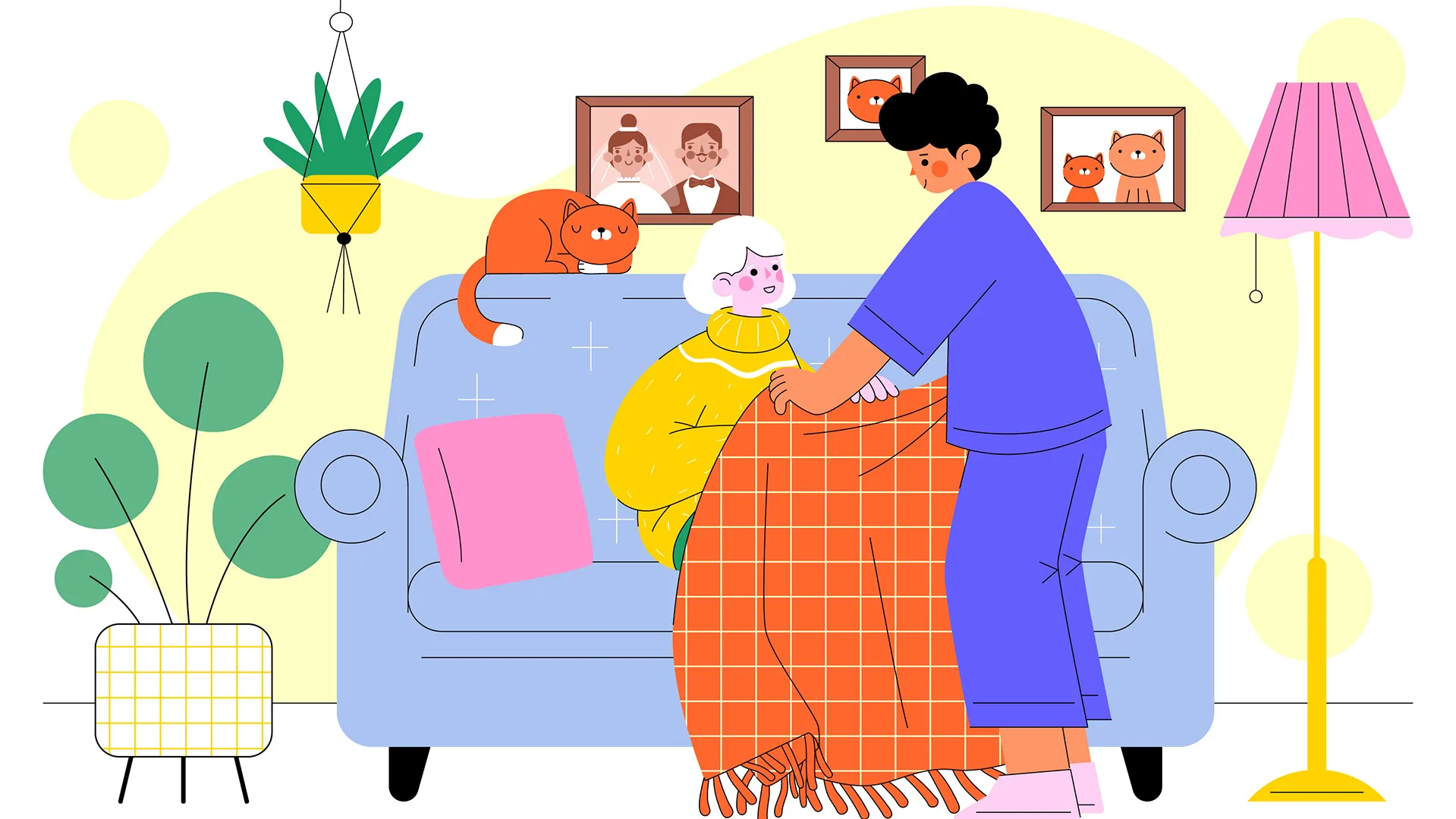 Illustration einer jüngeren Person, die einer älteren Person hilft.